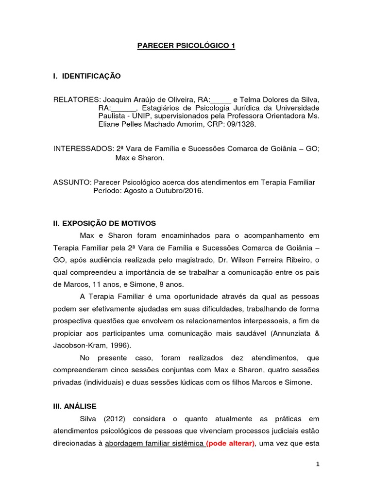 MODELO PARECER PSICOLOGICO Max e Sharon | Mediação | Psicologia