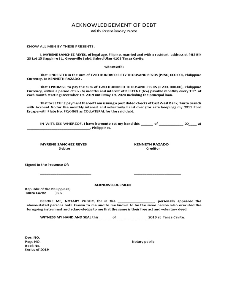 Debt Acknowledgment with Promissory Note | PDF | Debt | Business Law