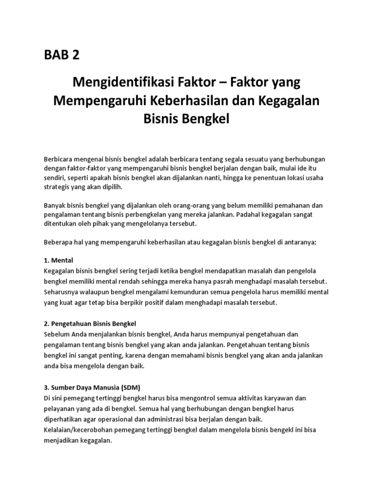Faktor Faktor Yang Mempengaruhi Keberhasilan Bengkel