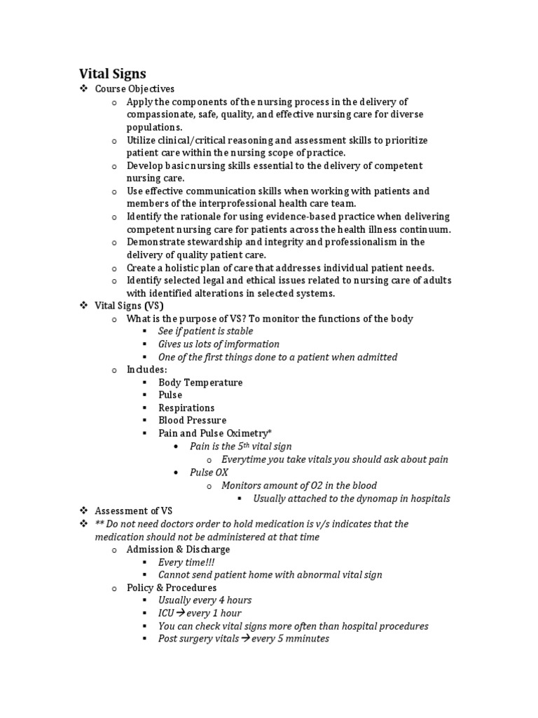 Nursing Vital Signs Assessment Guide | PDF | Breathing | Pulse
