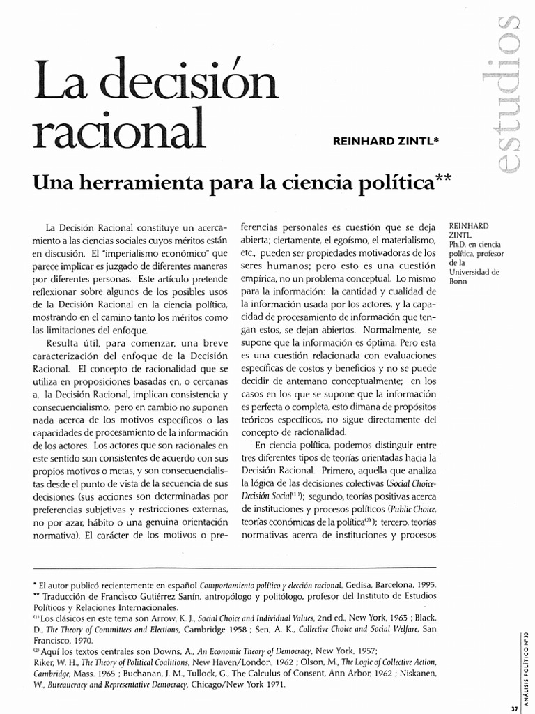 La Decisión Racional. Una Herramienta para La Ciencia Política. | PDF ...