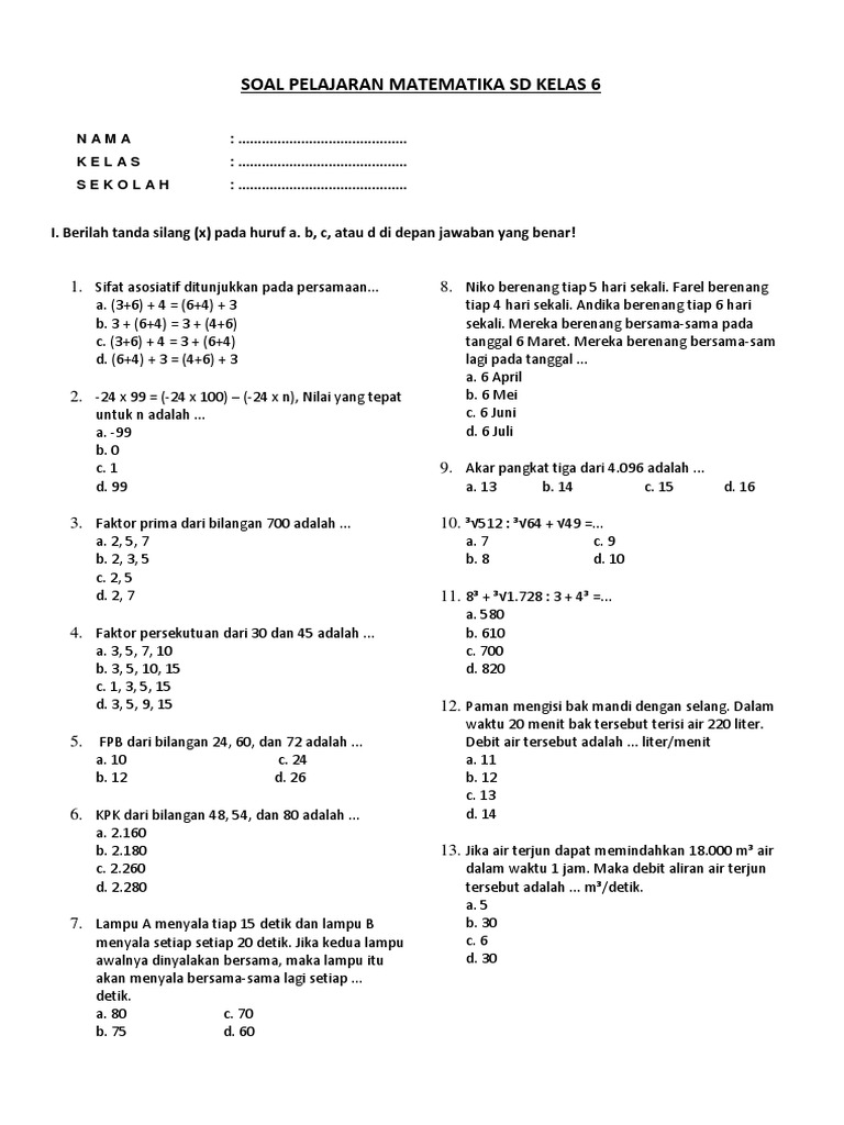 Soal Pelajaran Matematika SD Kelas 6 2 | PDF | Metode & Bahan Ajar