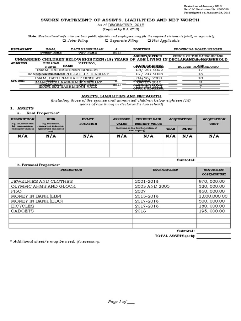 SALN Form Guidelines and Sample 2015 | PDF | Identity Document | Interest