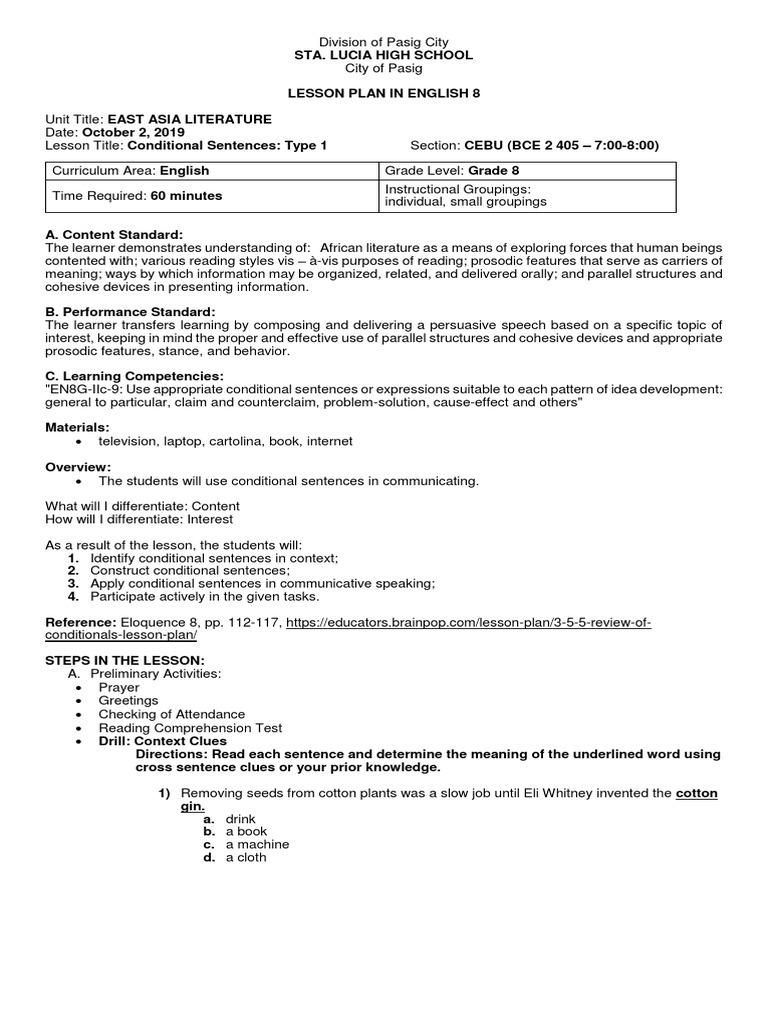 Conditional Sentences Lesson Plan | PDF | Lesson Plan | Learning