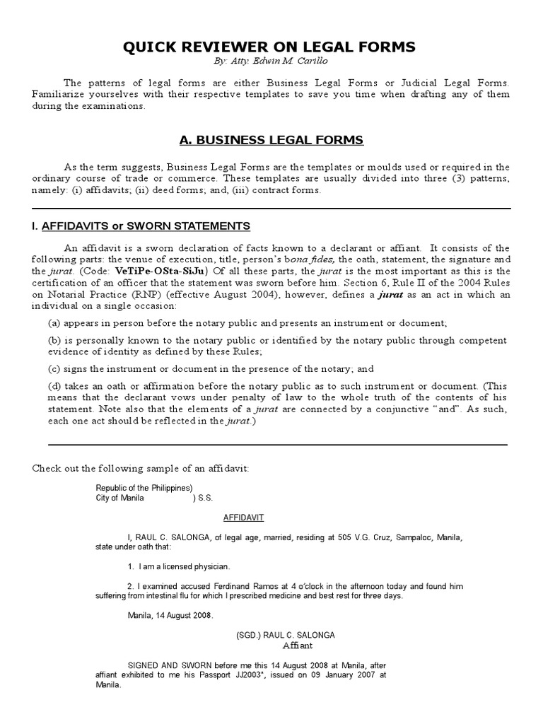 Legal Forms Reviewer PDF Affidavit Pleading