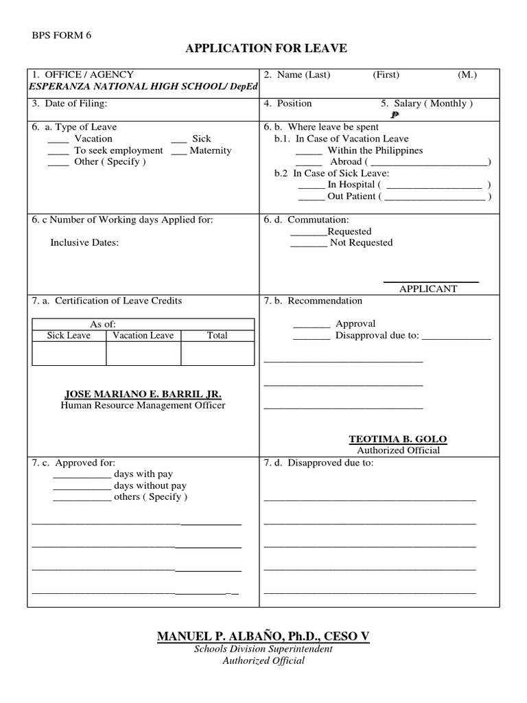 BPS Form 6: Teacher Leave Application | PDF | Government | Business