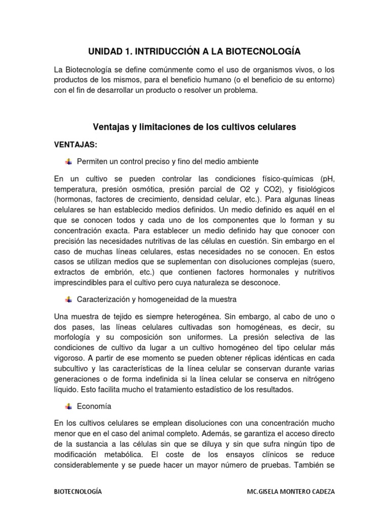 Ventajas y Limitaciones de Los Cultivos Celulares PDF Cultivo de células Biología Celular)