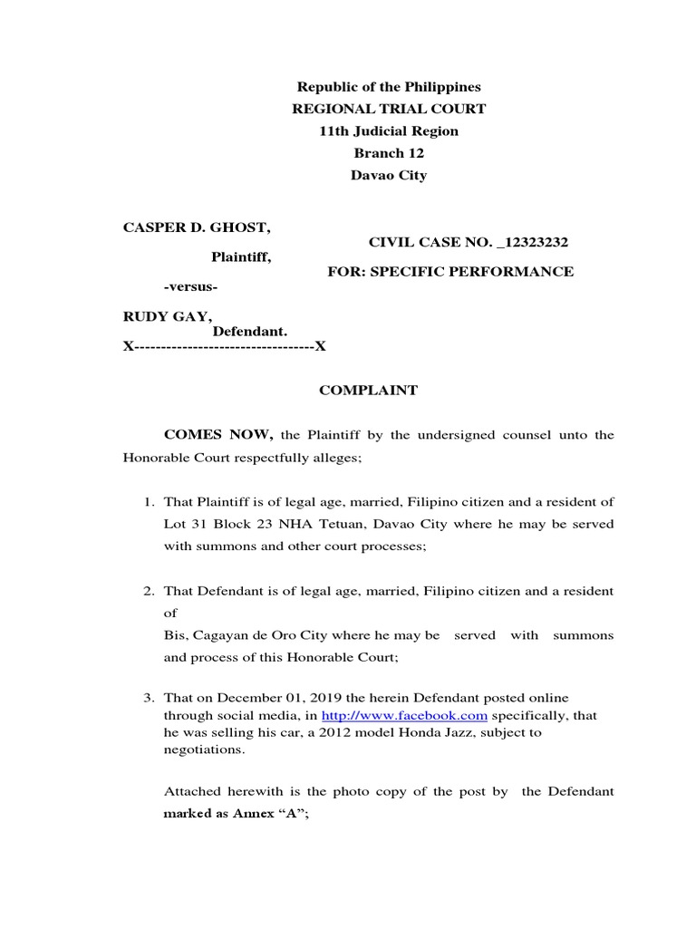 Complaint for Specific Performance | PDF | Lawsuit | Public Law