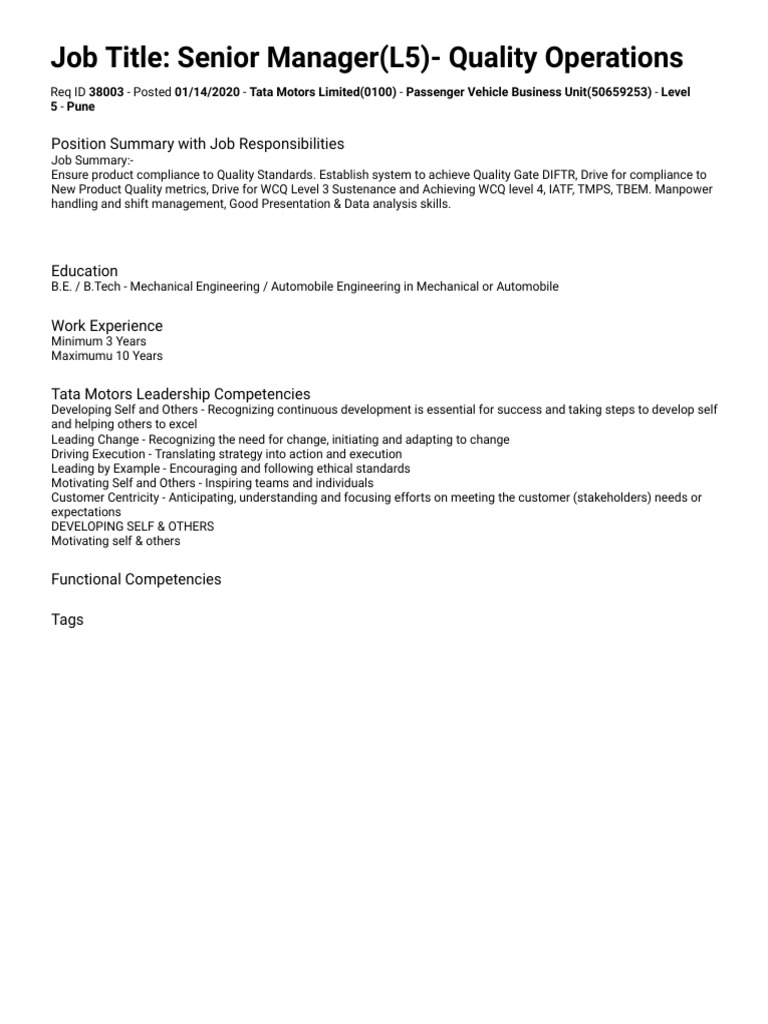 Job Description Tata | PDF