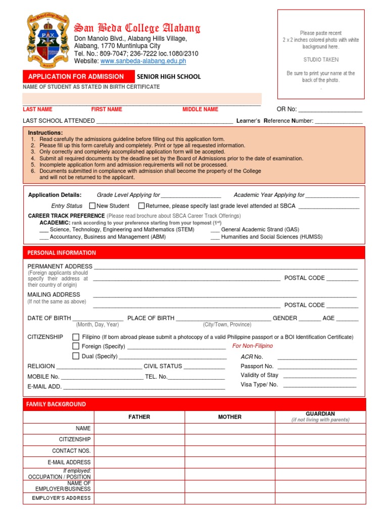 San Beda SHS Admission Application Form | PDF | University And College ...