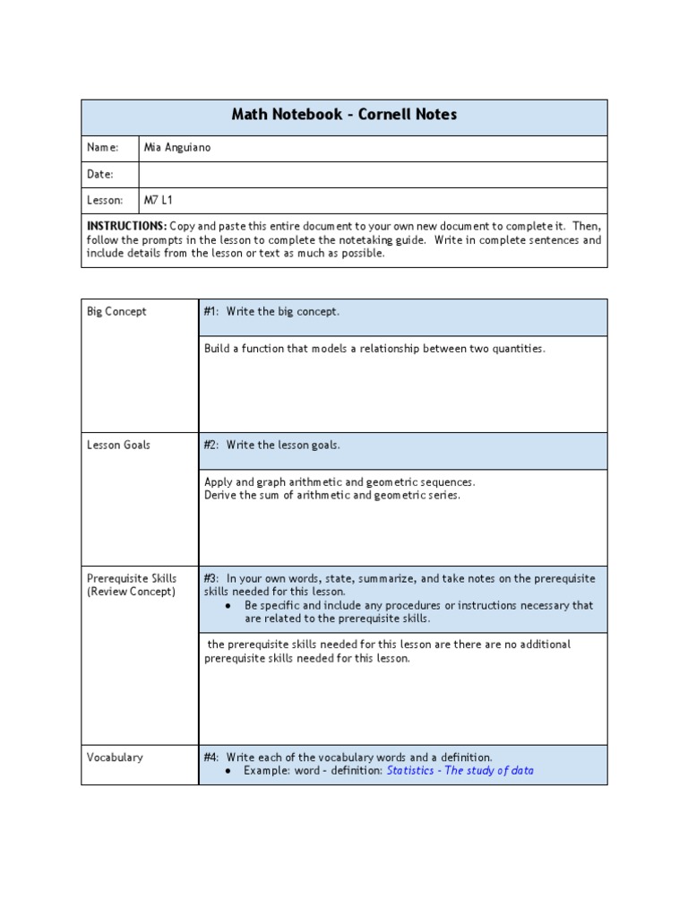 M7 L1 Math Notebook - Cornell Notes | PDF | Sequence | Summation