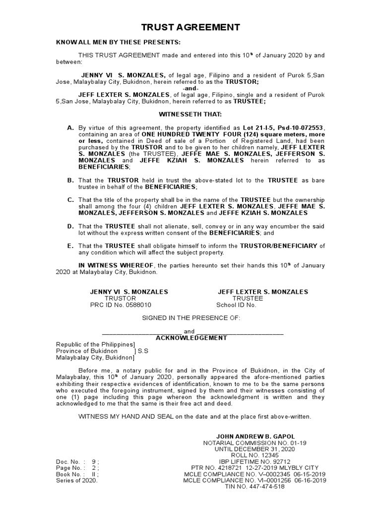 Trust Agreement | PDF | Settlor | Trust Law