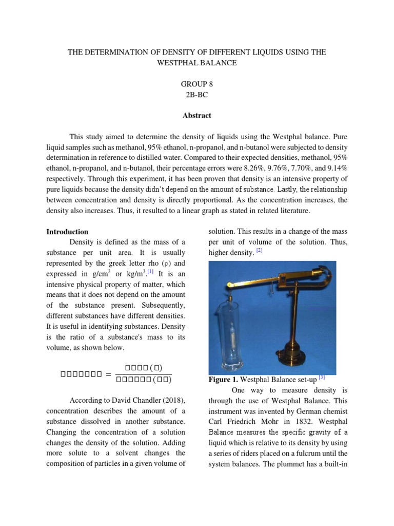 Experiment 1 Density of Liquids Using Westphal Balance PDF Mass