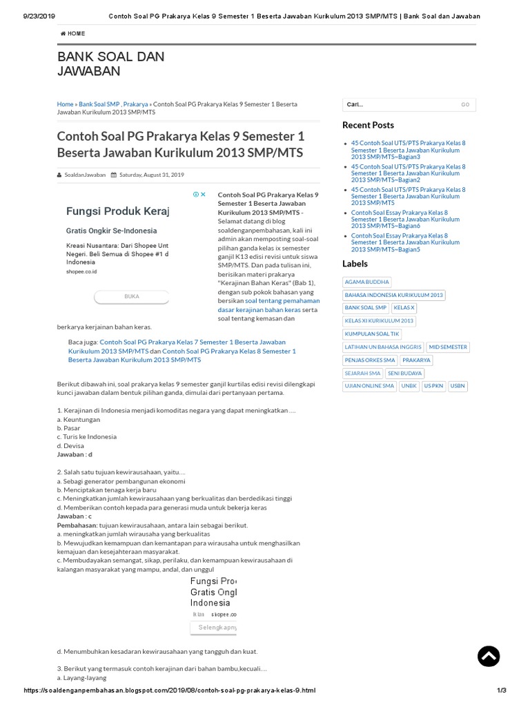 Contoh Soal PG Prakarya Kelas 9 Semester 1 Beserta Jawaban Kurikulum 2013 SMP MTS Bank Soal