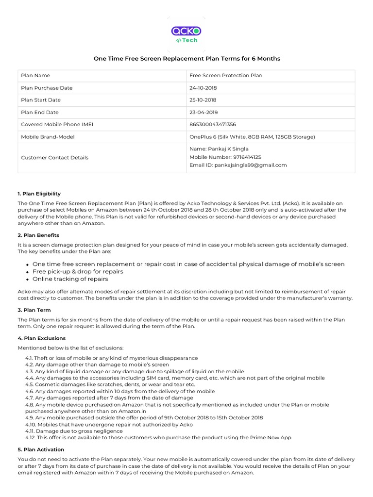 Acko Mobile Screen Insurance PDF Mobile Phones Damages
