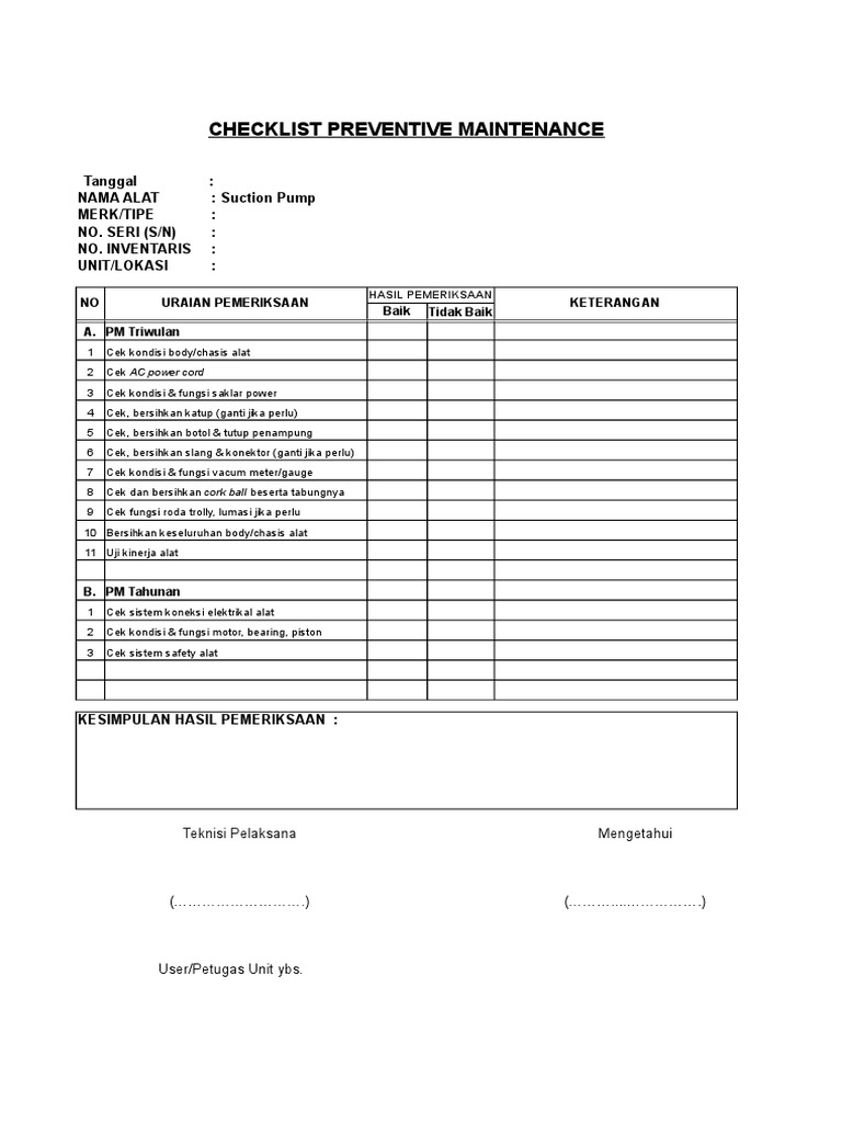 Checklist Pemeliharaan Suction Pump | PDF | Sains & Matematika