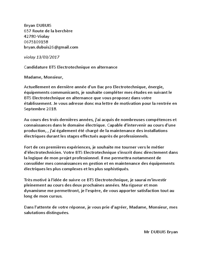 Exemple lettre de motivation bts electrotechnique