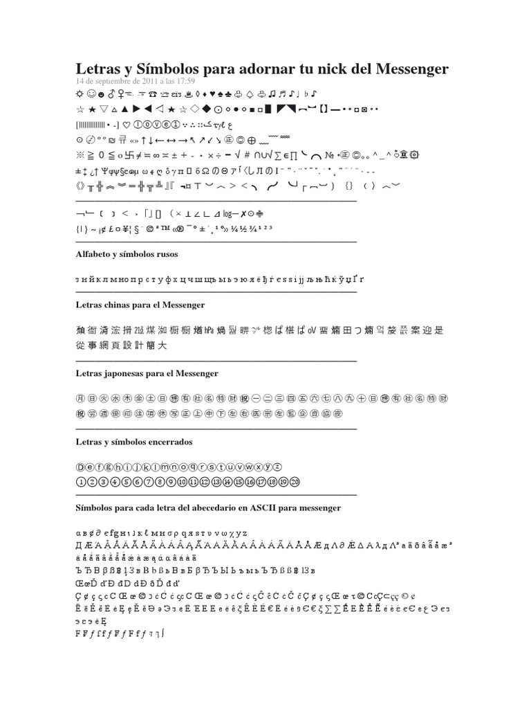 Letras Y Simbolos Para Adornar Tu Nick Del Messenger