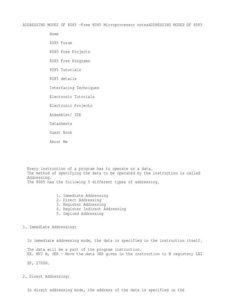 Addressing Modes of 8085 Explained | PDF | Electronics | Digital ...