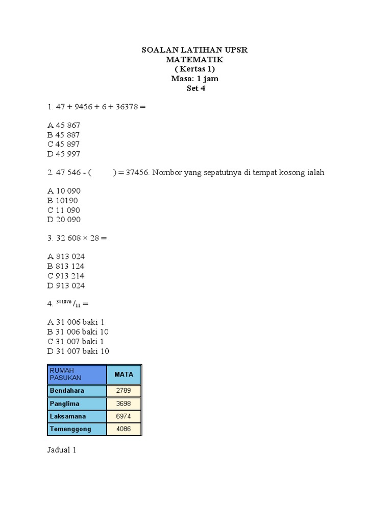 Soalan Latihan Upsr 1 | PDF