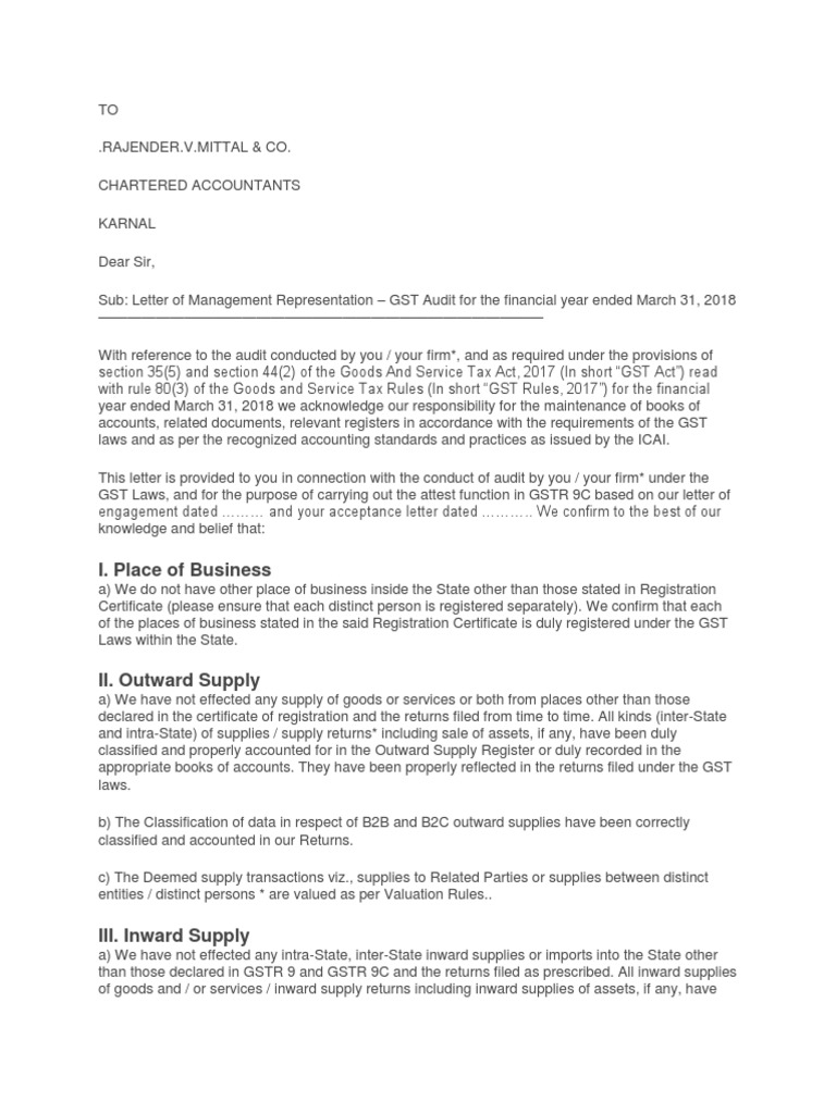 GST Audit Management Representation Letter | PDF | Value Added Tax ...