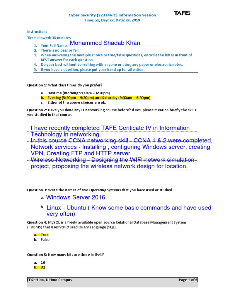Cyber Security Information Session Questionnaire ver 3 Ip Address
