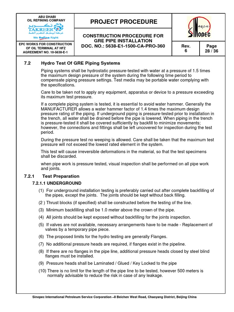 GRE Hydrotest Procedure PDF PDF Pipeline Transport Pipe (Fluid