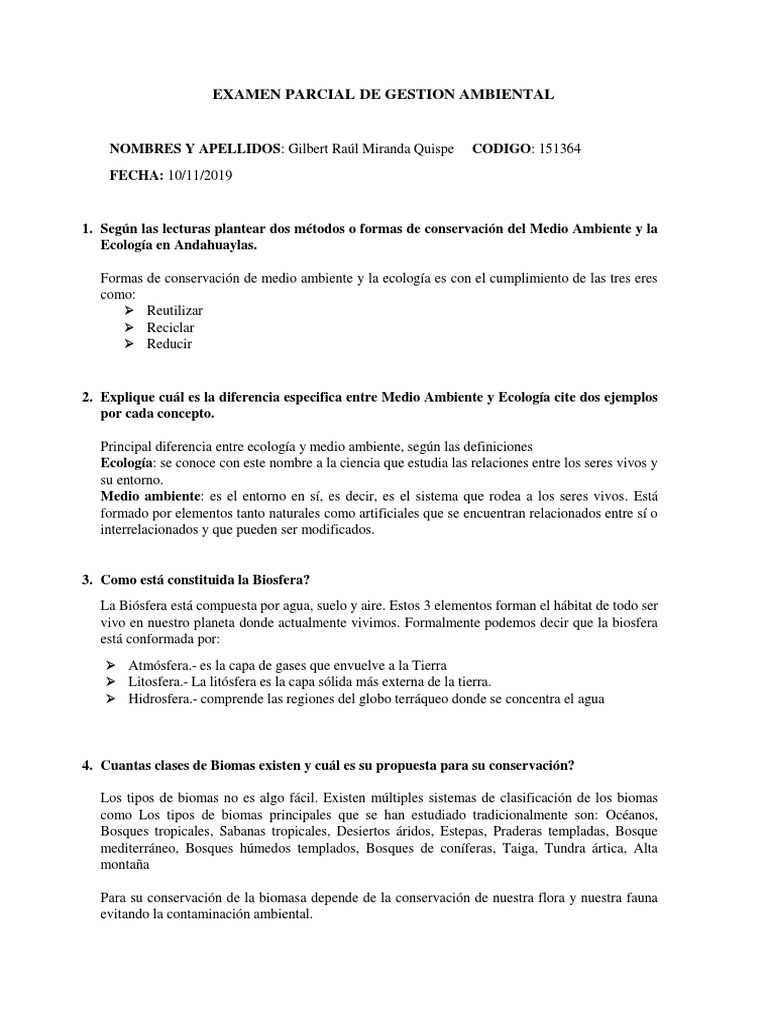 Examen Parcial de Gestion Ambiental | PDF | Entorno natural | Ecología