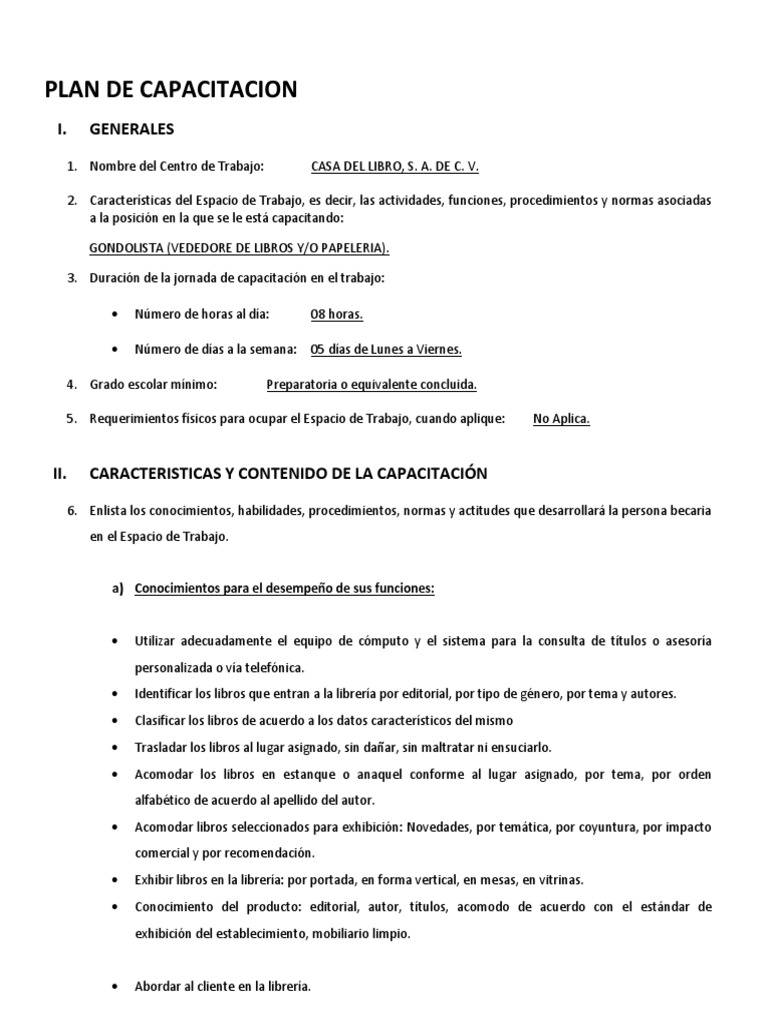 Formato PLAN DE CAPACITACION GONDOLISTA | PDF | Servicio al Cliente ...