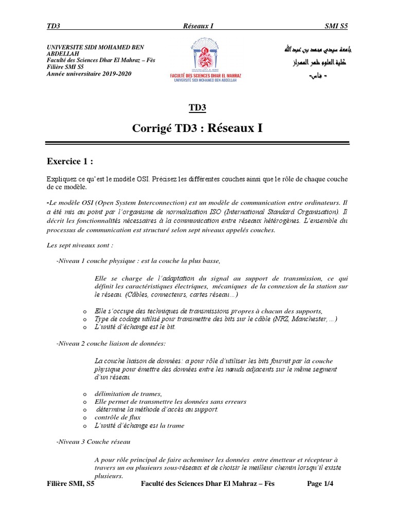 Exercice Corrigé Modele Osi Et Tcp/ip Pdf Corrige TD3 SMI S5 27112019 PDF | PDF | Modèle OSI | Protocole de contrôle  de transmission