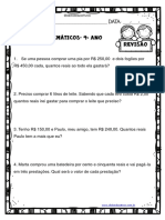 4º Ano - Problemas Matemáticos de Revisão PDF