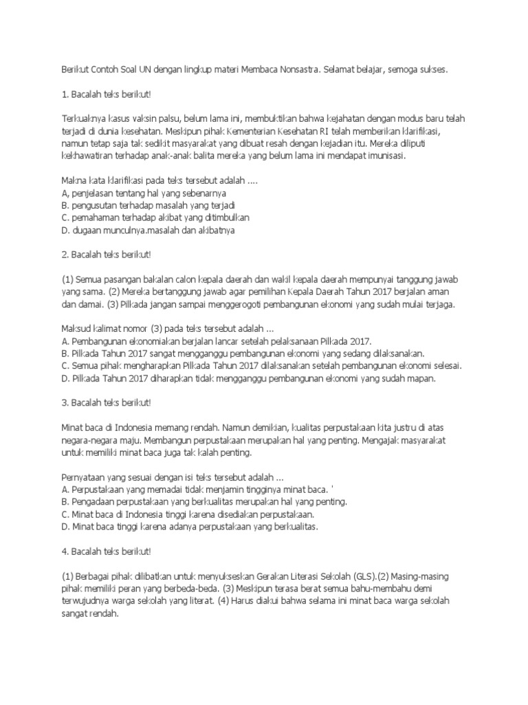 Berikut Contoh Soal Un Dengan Lingkup Materi Membaca Nonsastra