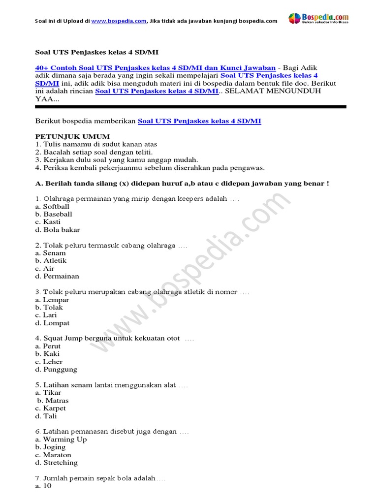 40 Contoh Soal Uts Penjaskes Kelas 4 Sd Mi Dan Kunci Jawaban
