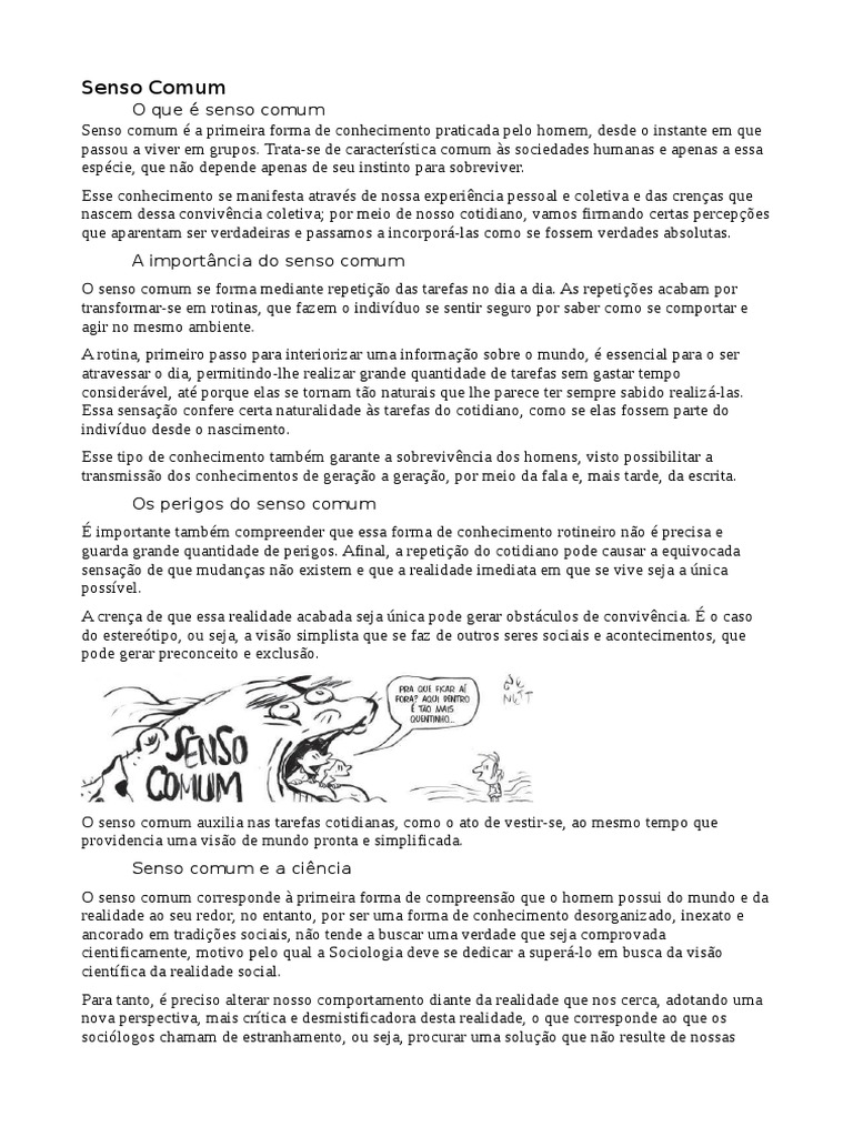 Senso Comum e A Ciência - Sociologia | PDF | Bom senso | Conhecimento