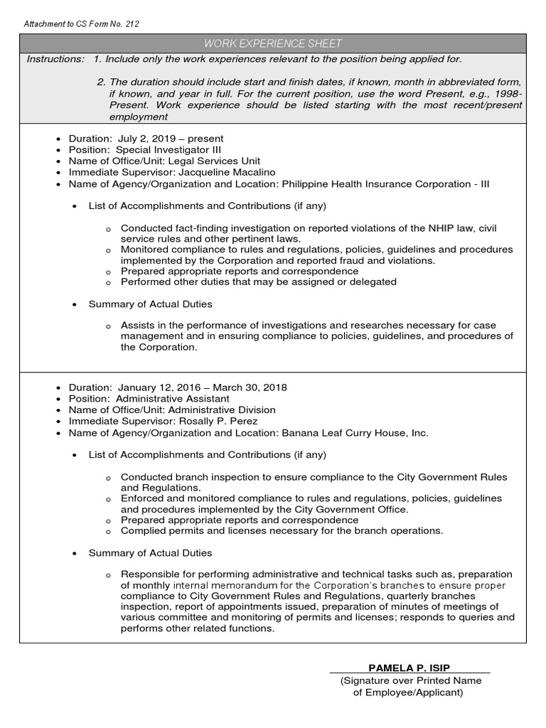 Cs form no 212 attachment work experience sheet regulatory 