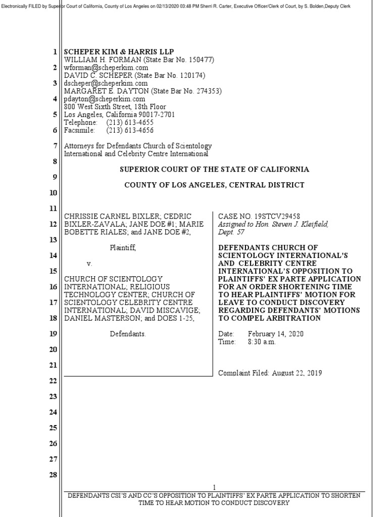 Bixler V Scientology Scientology S Opposition To Ex Parte Hearing Ex Parte Discovery Law