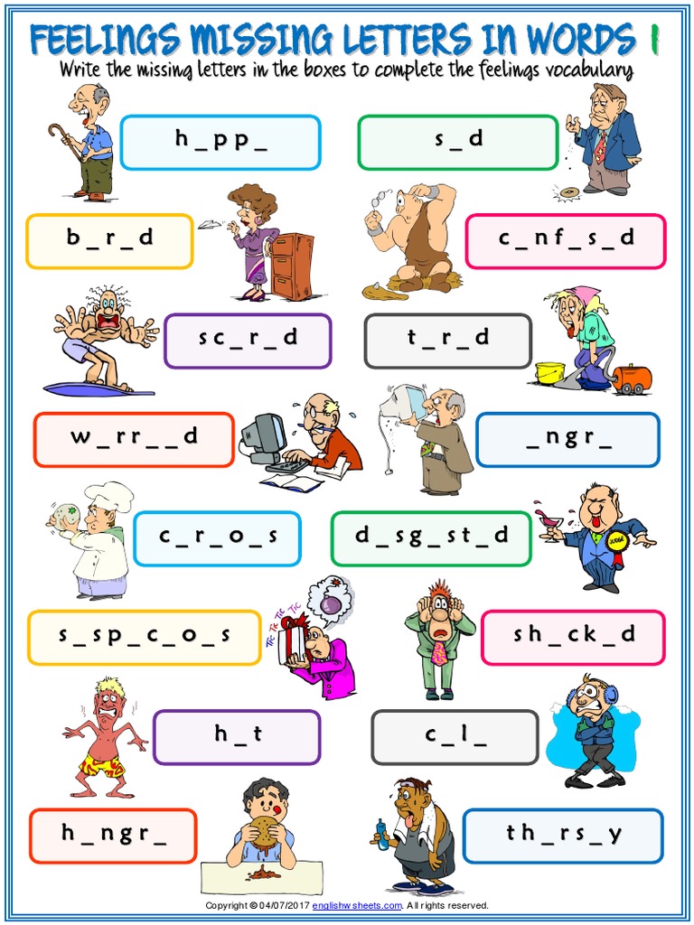Feelings Emotions Vocabulary Esl Missing Letters in Words Worksheets ...