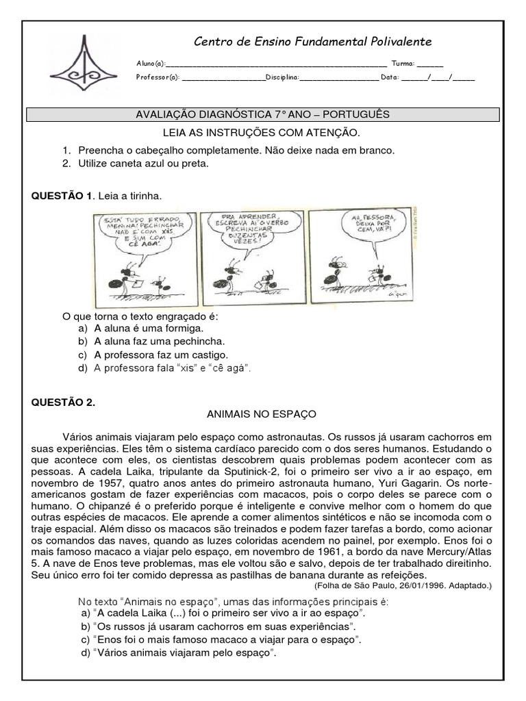 Avaliação Diagnóstica 7 Ano Português | PDF | Astronautas | Cães