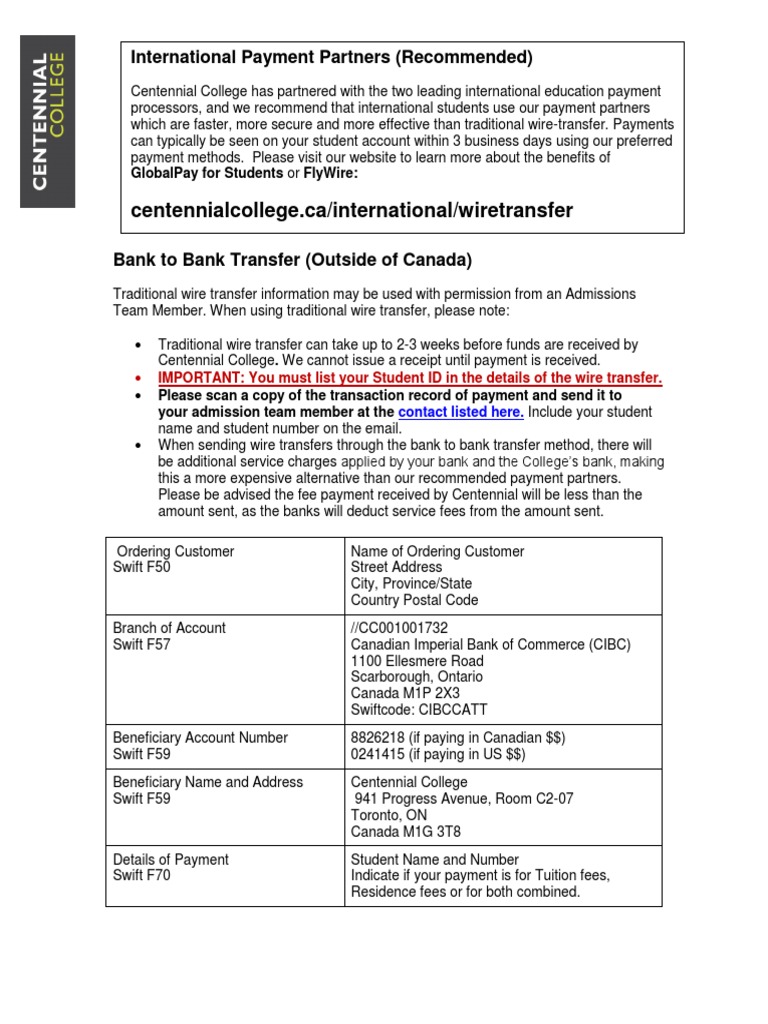 Centennial College Wire Transfer Guide | PDF | Wire Transfer | Payments