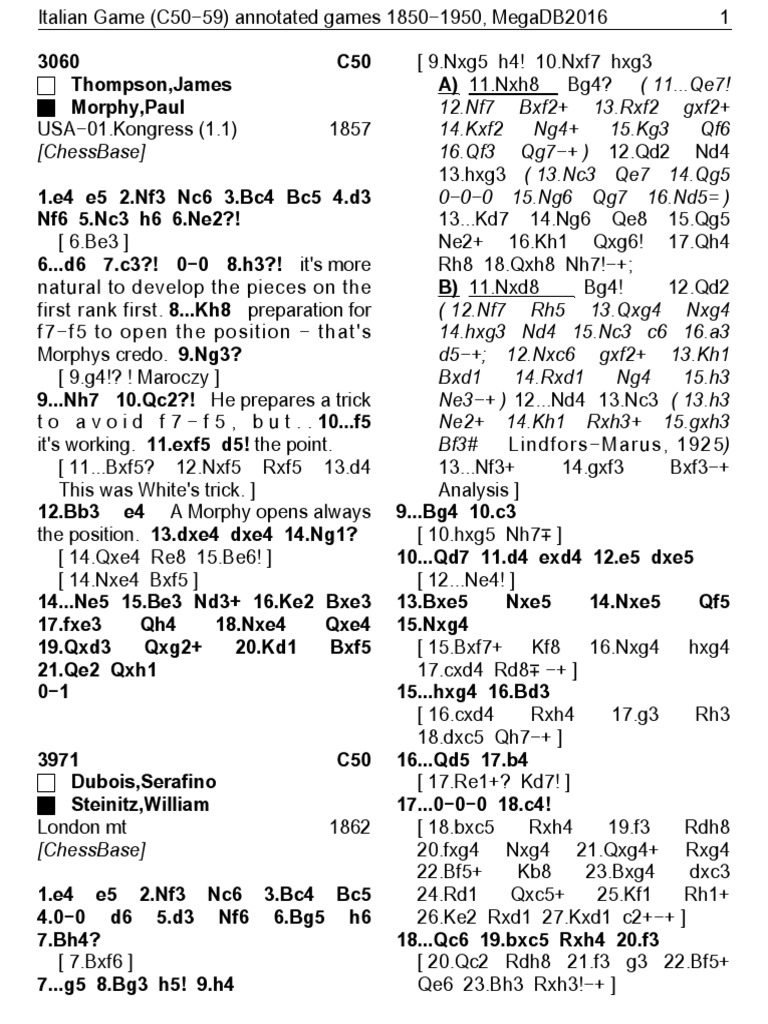 Italian Game (C5059) Annotated Games 18501950 PDF Chess Chess