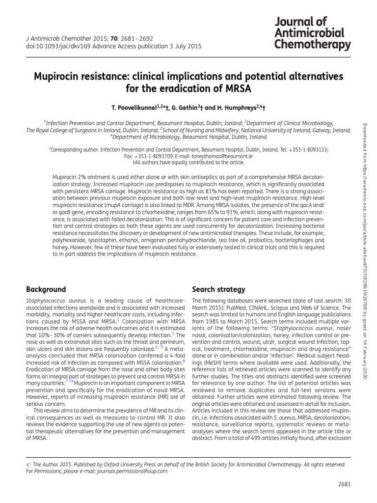 Mupirocinresistanceclinicalimplicationsandpotentialalternatives