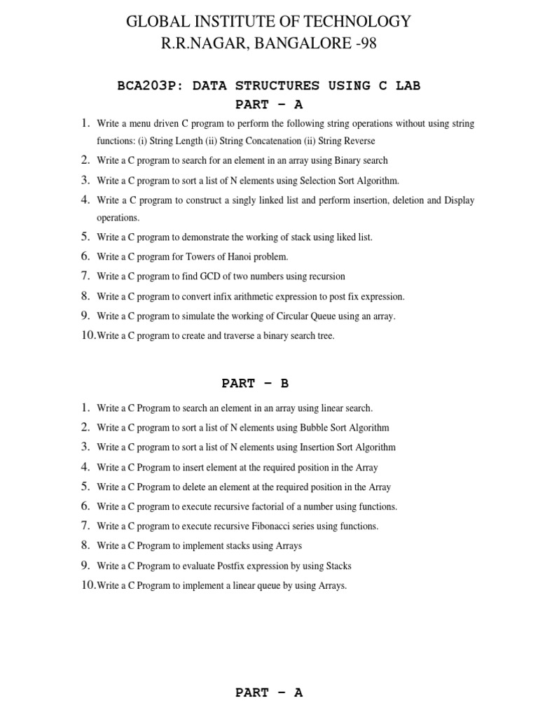 Data Structures Lab Manual PDF C (Programming Language