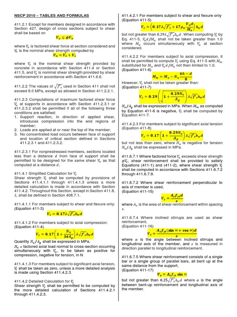 Formulas and Tables Shear Torsion Serviceability Development Lengths ...
