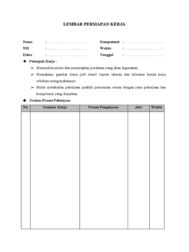 Lembar Persiapan Kerja Job Tefa Kesiapan Mengerjakan Order Pdf Pdf