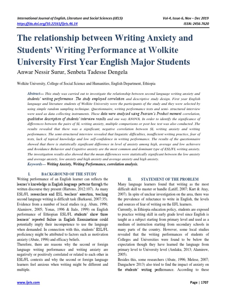 Writing Anxiety and Student Performance | PDF | English As A Second Or ...
