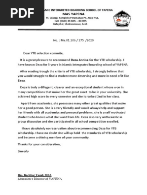 Recommendation letters YTB scholarship
