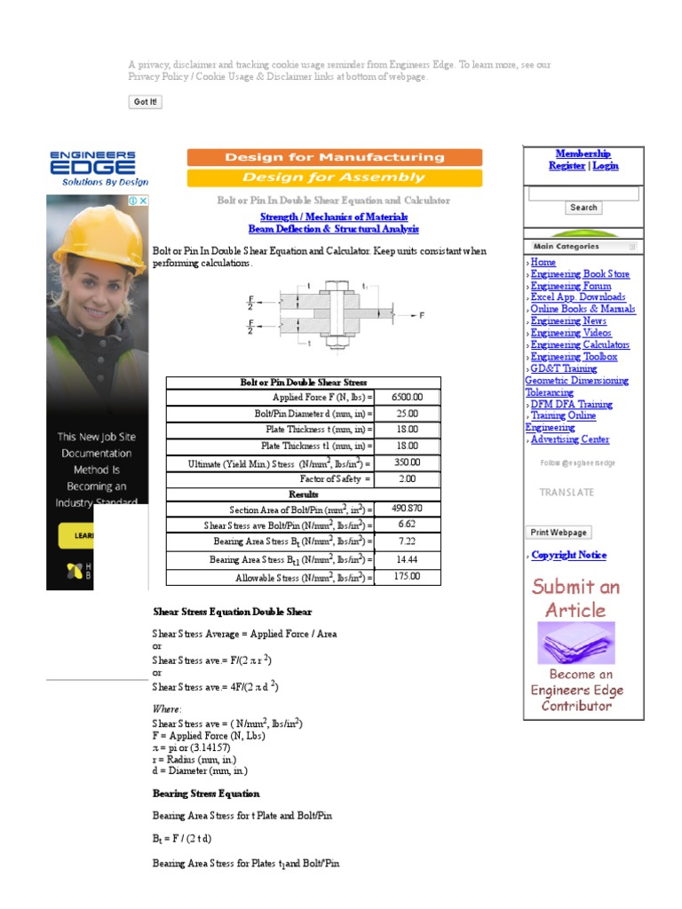 Bolt or Pin in Double Shear Equation and Calculator Engineers Edge