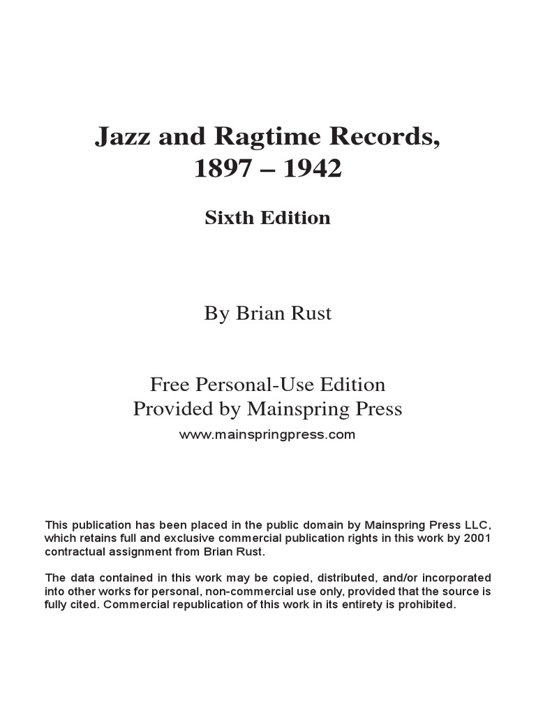 Jazz and Ragtime Records, 1897