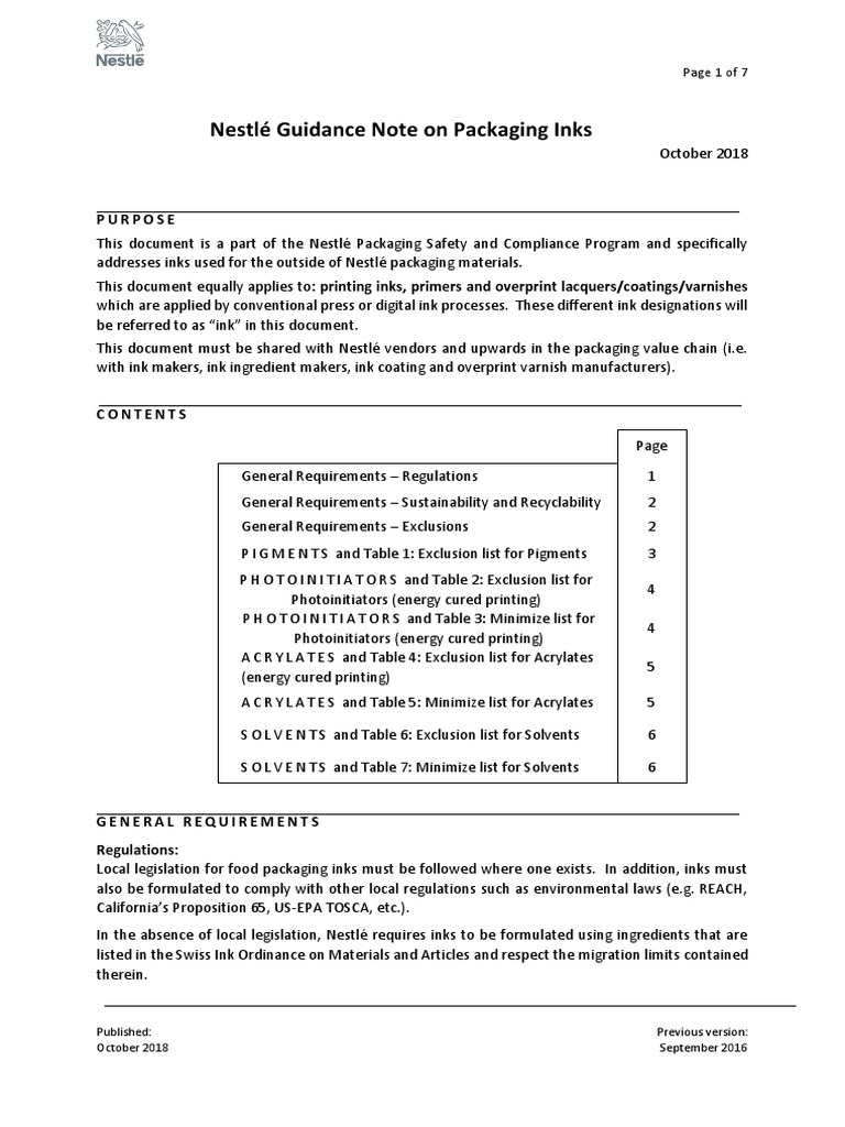 Nestlé Guidance Note on Packaging Inks Requirements and Restrictions