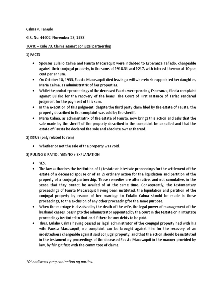 Case No 11 - Rule 73 - Calma V Tanedo | PDF | Intestacy | Marriage